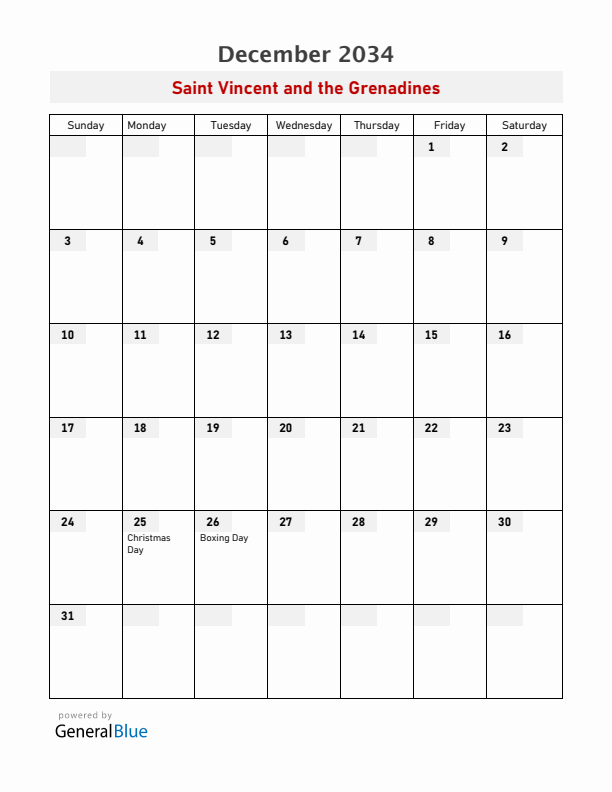 Saint Vincent and the Grenadines December 2034 Calendar with Holidays