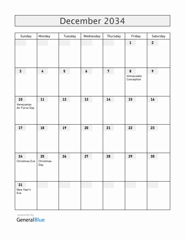 Venezuela December 2034 Calendar with Holidays