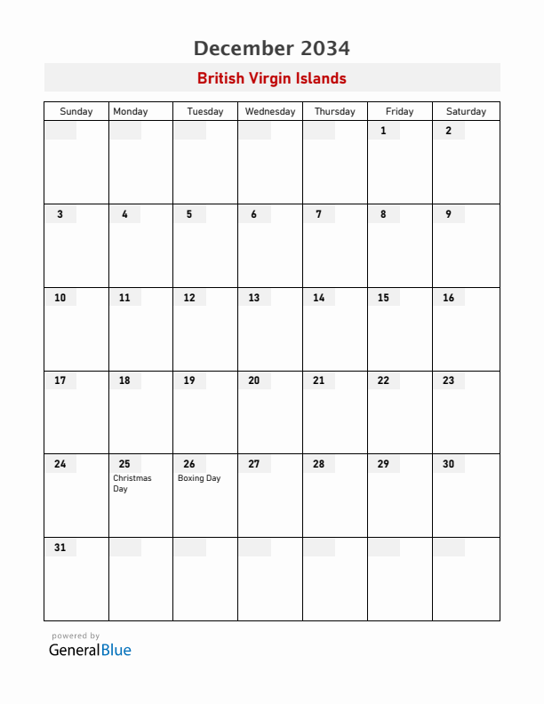 British Virgin Islands December 2034 Calendar with Holidays