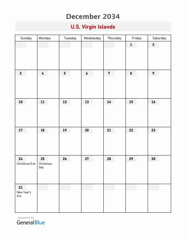 U.S. Virgin Islands December 2034 Calendar with Holidays