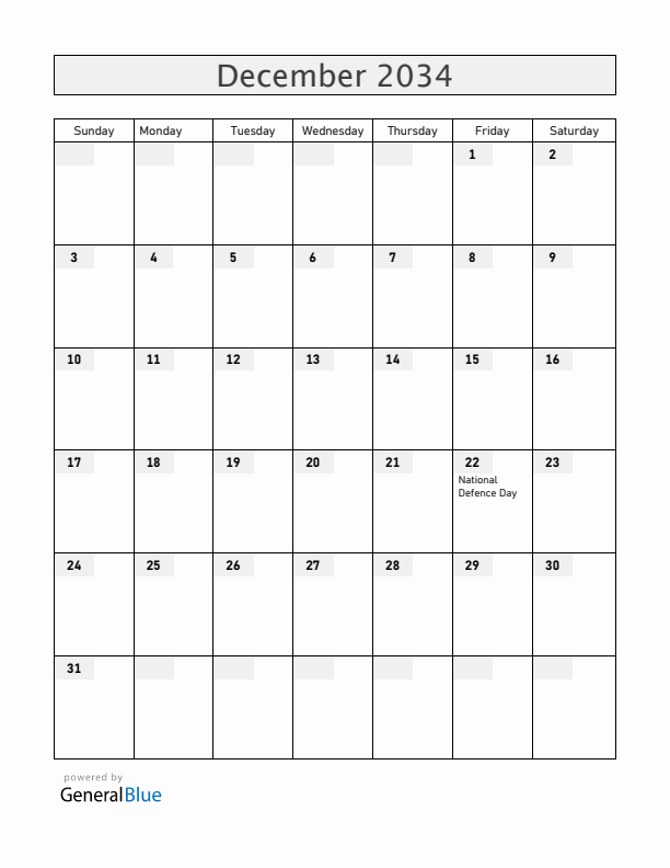 Vietnam December 2034 Calendar with Holidays