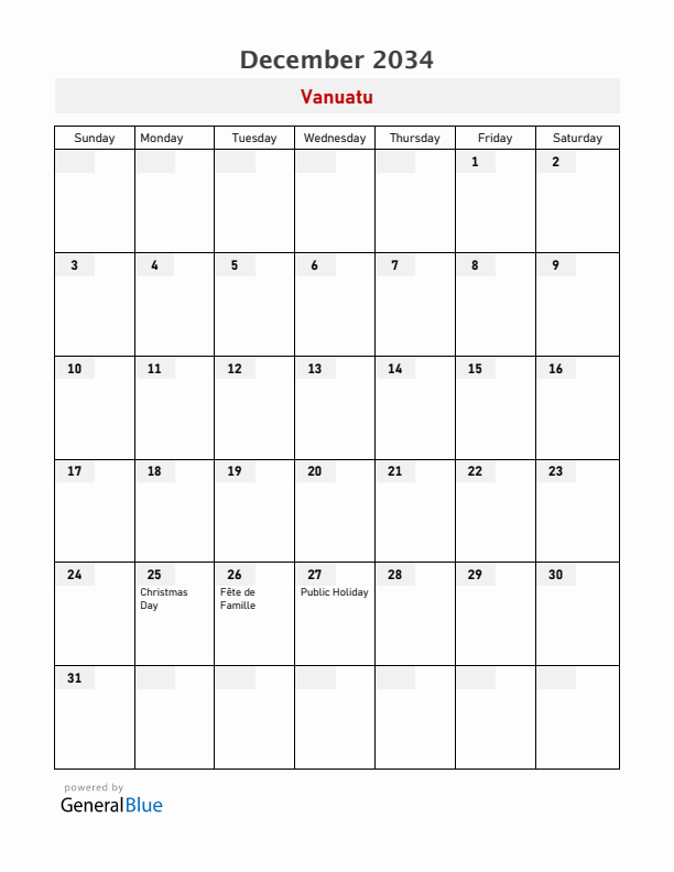 Vanuatu December 2034 Calendar with Holidays