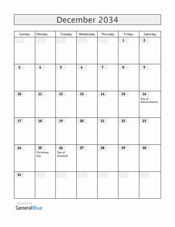 South Africa December 2034 Calendar with Holidays