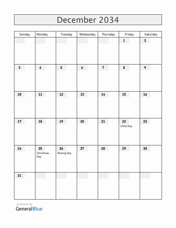 Zimbabwe December 2034 Calendar with Holidays