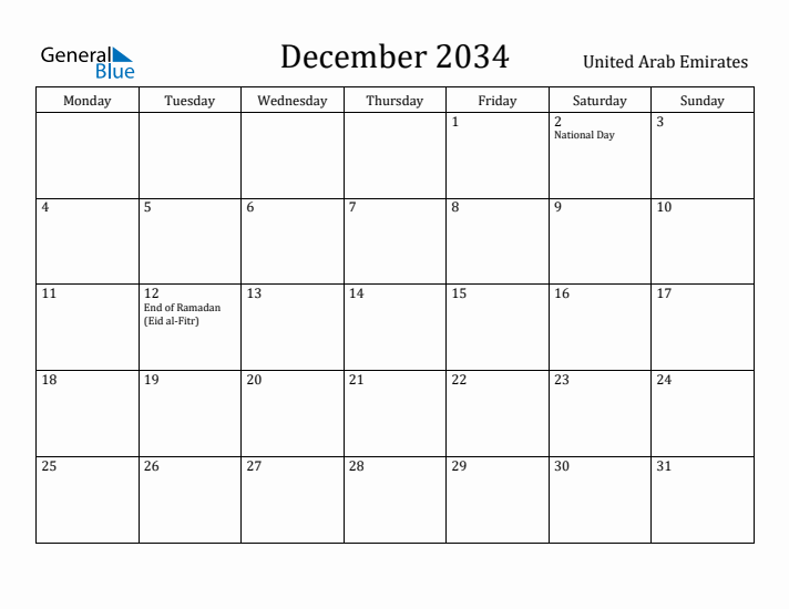 December 2034 Calendar United Arab Emirates