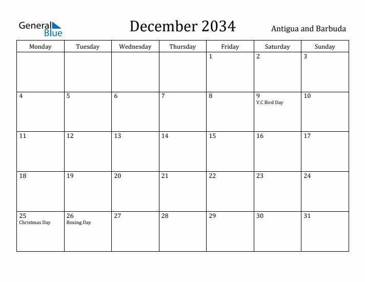 December 2034 Calendar Antigua and Barbuda