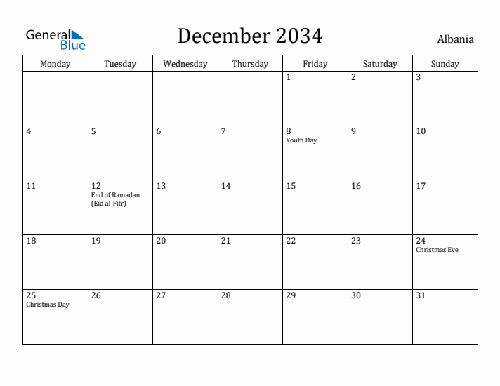 December 2034 Calendar Albania