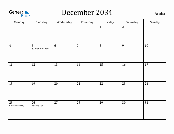 December 2034 Calendar Aruba