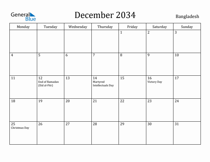 December 2034 Calendar Bangladesh