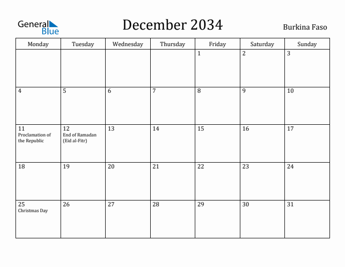 December 2034 Calendar Burkina Faso