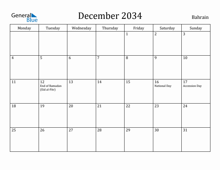 December 2034 Calendar Bahrain