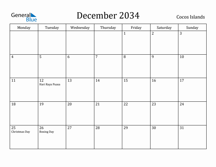 December 2034 Calendar Cocos Islands