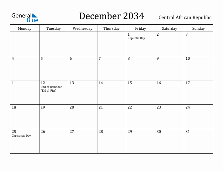 December 2034 Calendar Central African Republic