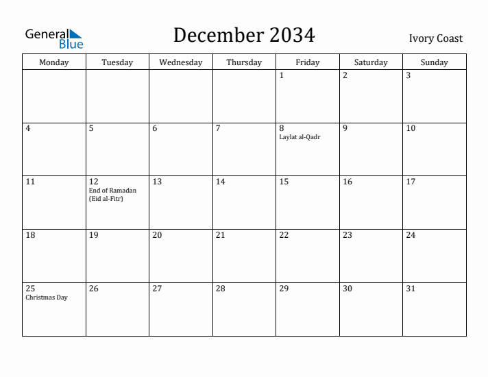 December 2034 Calendar Ivory Coast