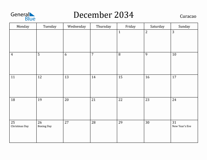 December 2034 Calendar Curacao