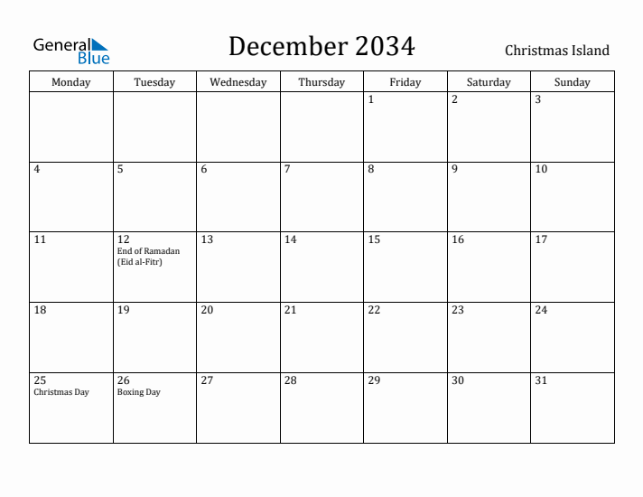 December 2034 Calendar Christmas Island