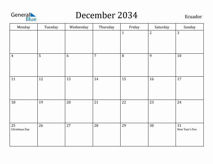 December 2034 Calendar Ecuador