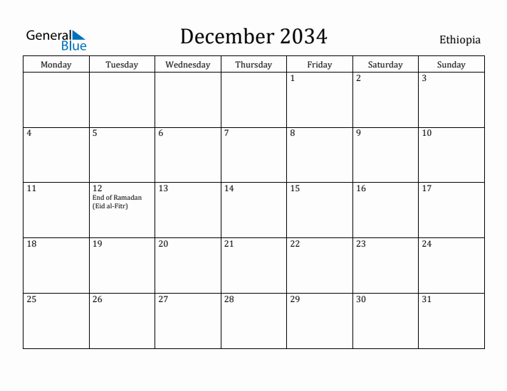 December 2034 Calendar Ethiopia