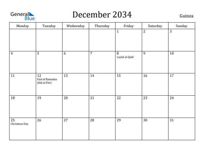 December 2034 Calendar Guinea