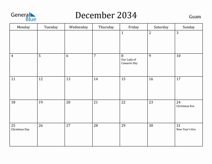December 2034 Calendar Guam