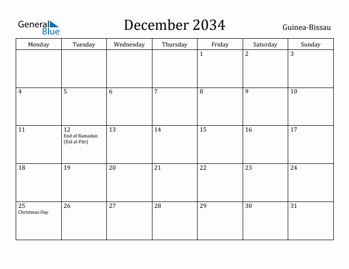 December 2034 Calendar Guinea-Bissau