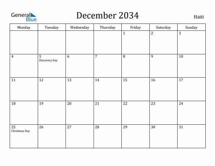 December 2034 Calendar Haiti
