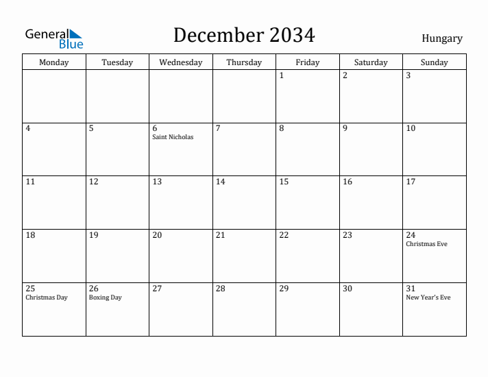 December 2034 Calendar Hungary