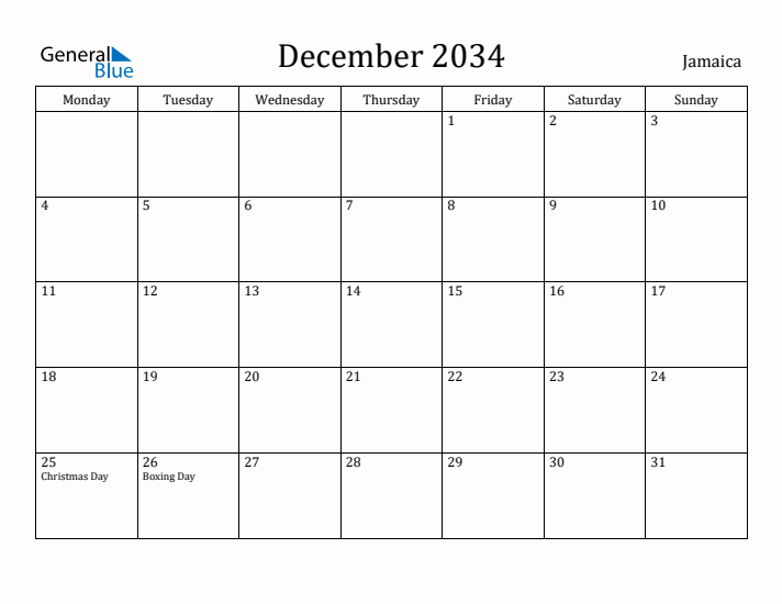 December 2034 Calendar Jamaica