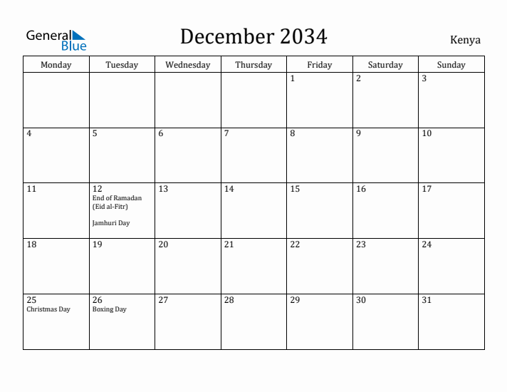 December 2034 Calendar Kenya
