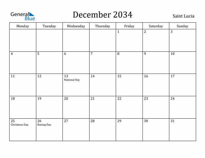 December 2034 Calendar Saint Lucia