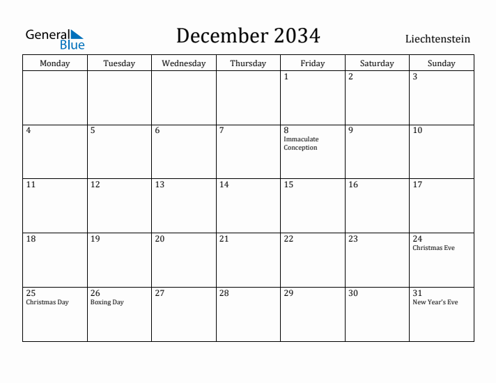 December 2034 Calendar Liechtenstein