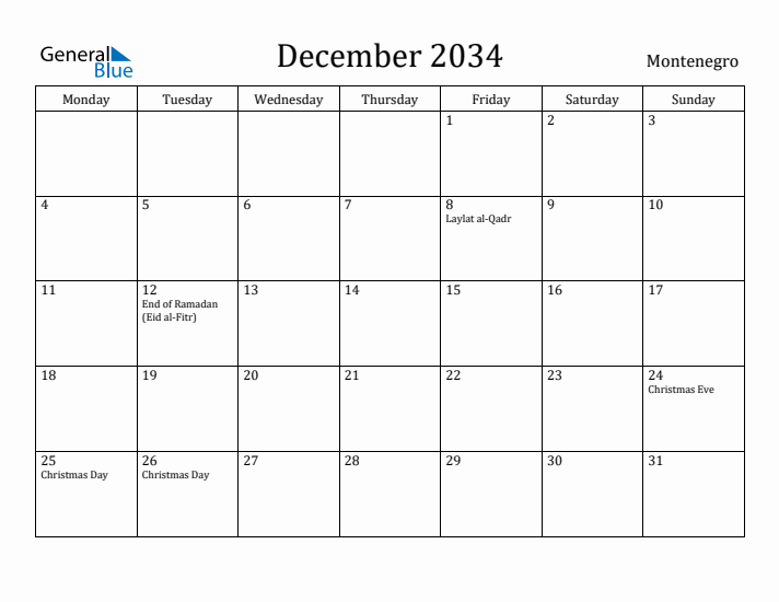 December 2034 Calendar Montenegro