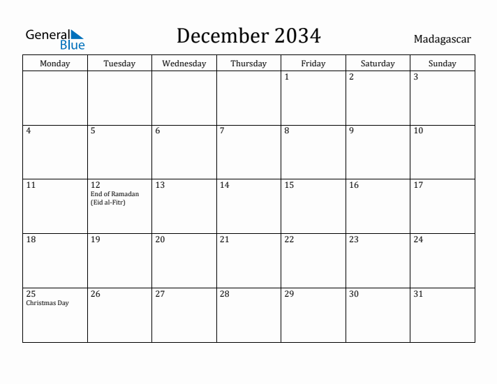 December 2034 Calendar Madagascar