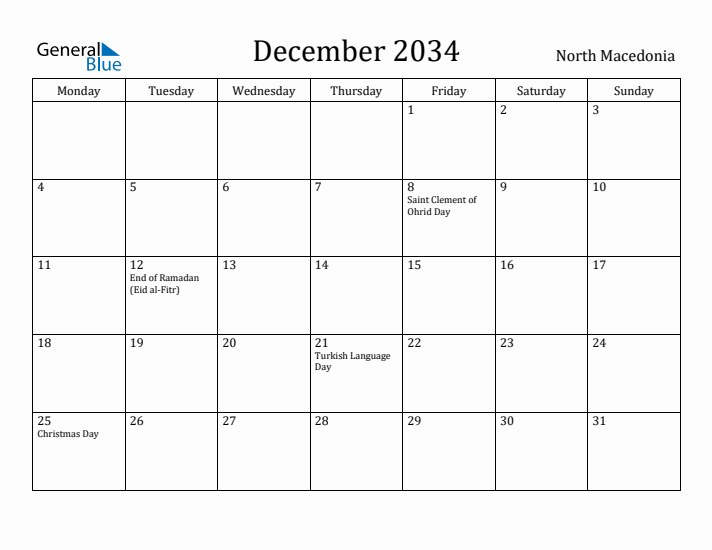 December 2034 Calendar North Macedonia