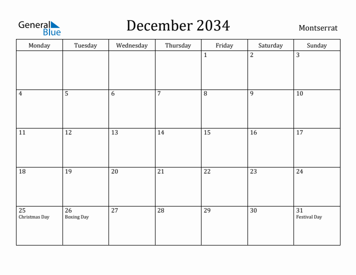 December 2034 Calendar Montserrat
