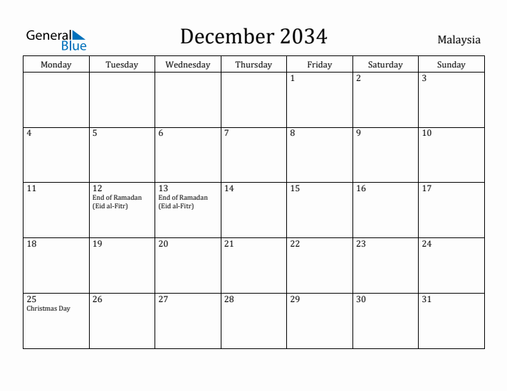 December 2034 Calendar Malaysia