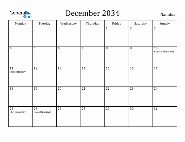 December 2034 Calendar Namibia