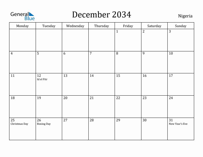 December 2034 Calendar Nigeria