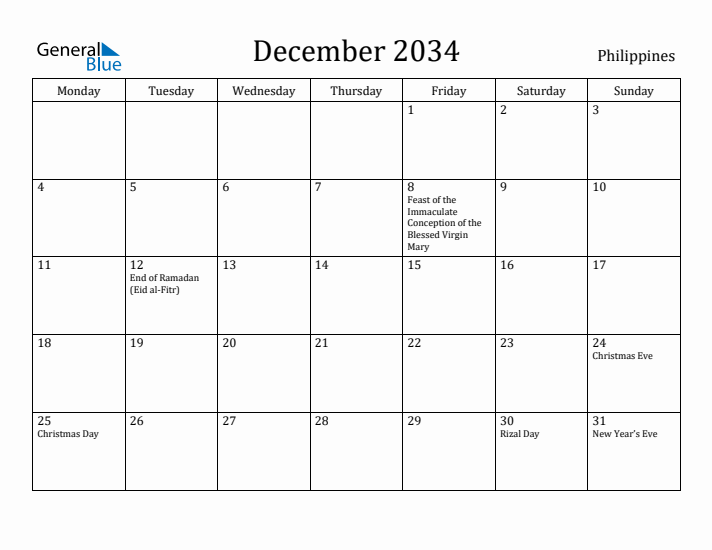 December 2034 Calendar Philippines