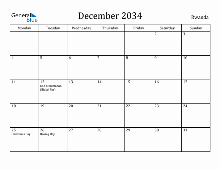 December 2034 Calendar Rwanda