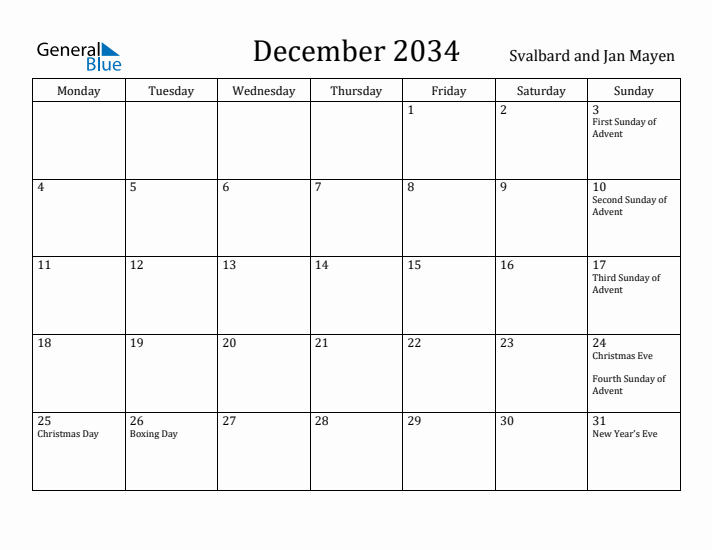 December 2034 Calendar Svalbard and Jan Mayen