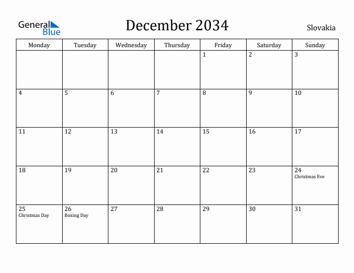 December 2034 Calendar Slovakia