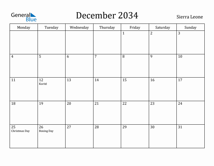 December 2034 Calendar Sierra Leone