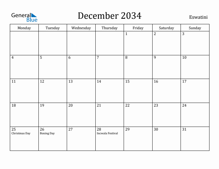 December 2034 Calendar Eswatini