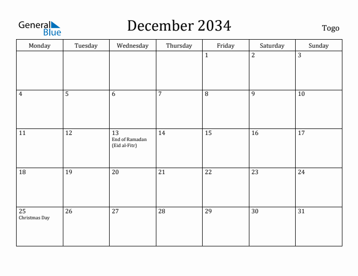 December 2034 Calendar Togo