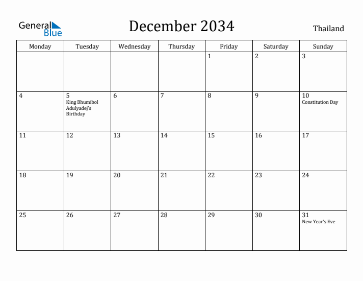 December 2034 Calendar Thailand