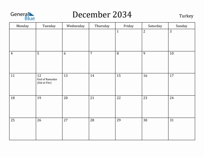 December 2034 Calendar Turkey