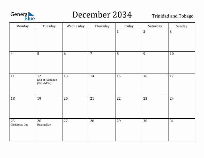 December 2034 Calendar Trinidad and Tobago
