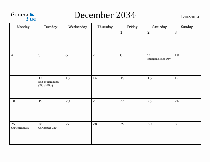 December 2034 Calendar Tanzania