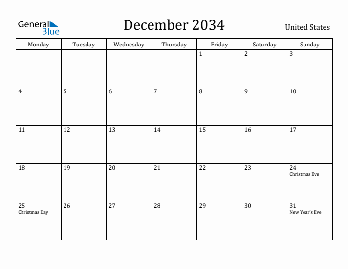 December 2034 Calendar United States